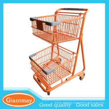 orange powder coated tow layers basket shopping wheel cart